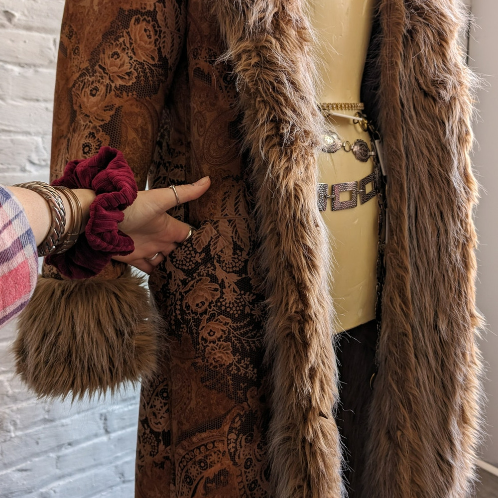 90s Vintage Penny Lane Groovy Faux Fur Jacket Shaggy Afghan Tapestry Trench Coat - Picture 5 of 9